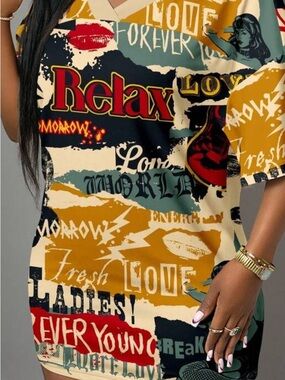 Relax Graphic V-Neck Women’s Tunic Top/Dress Multi